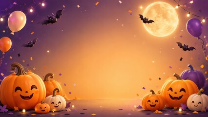 Fototapeta premium Cute Halloween Background with Smiling Jack O Lantern Pumpkins, Bats, Full Moon and Generous Copy Space