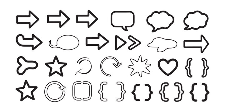 Black line business infographic arrow and bracket icons on transparent background for diagram.