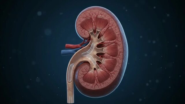 3D medical illustration of a human kidney cross-section showing internal anatomical structures on a dark background