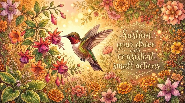 Vibrant hummingbird feeding on fuchsia flowers in a lush garden with inspirational quote