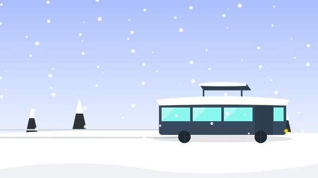 Flat 2D Animation of a Bus Arriving at a Snowy Bus Stop in Winter, 4K 60fps 16:9 Canvas Resolution