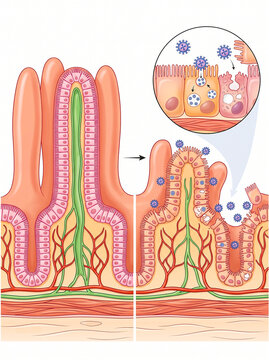 Medical illustration comparing healthy intestinal villi with rotavirus infection and villous atrophy.