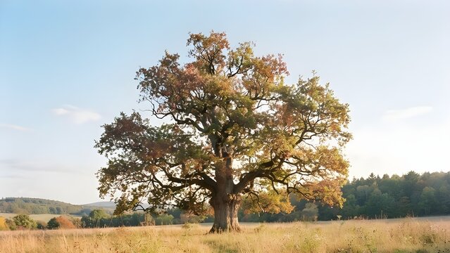 안개 낀 평원 위에 홀로 웅장하게 서 있는 거대한 고목 나무의 풍경
A magnificent large old tree standing alone on a misty plain