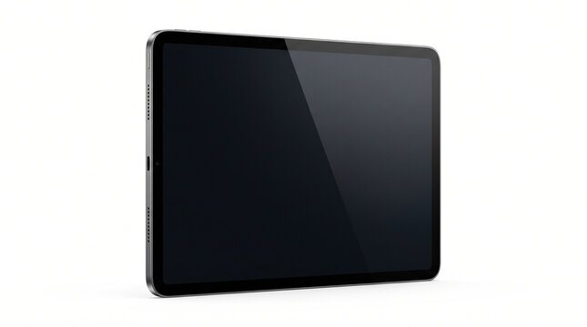 Photorealistic modern tablet device with a completely blank dark screen, slim metallic frame, rounded corners and subtle glass reflections, shown at a slight three-quarter angle,