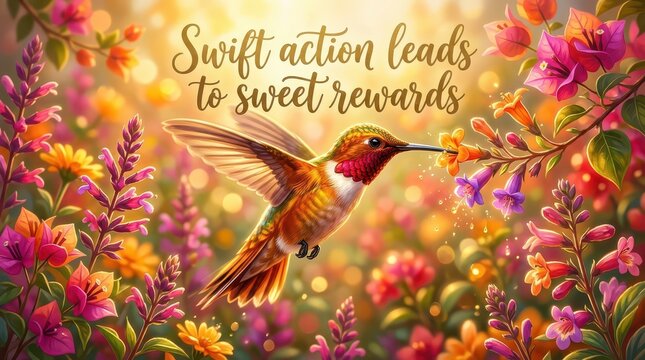 Vibrant hummingbird feeding on nectar from colorful flowers in a sun-drenched garden with inspirational text "Swift action leads to sweet rewards"