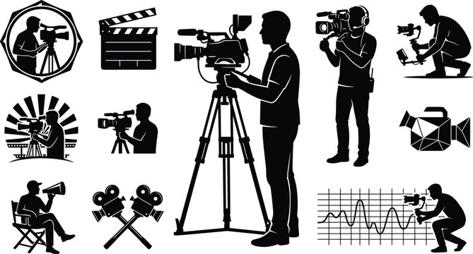 Professional cameraman and filmmaker silhouettes vector icon set with video cameras tripods clapperboards stabilizers and director elements for movie production