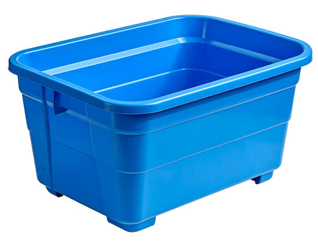 A large blue plastic livestock water trough isolated on a white background.