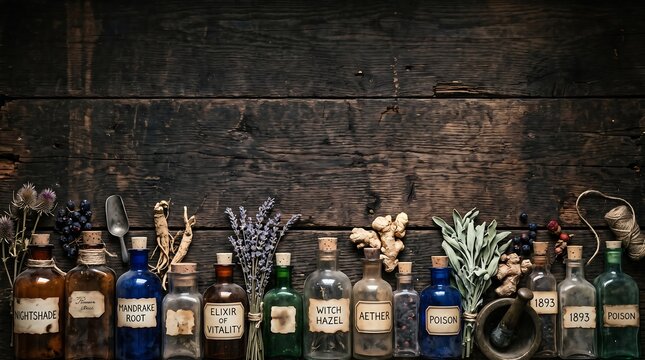 Generative AI top-down background of a rustic dark wooden desk edged with vintage potion bottles, leaving abundant copy space above.