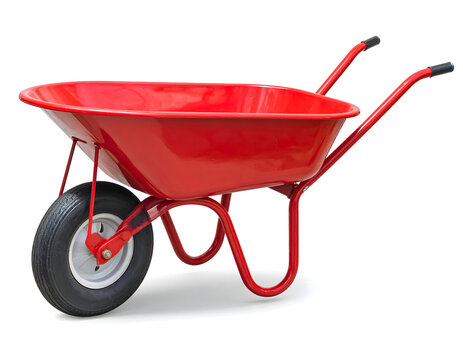 A classic red metal wheelbarrow isolated on a pure white background.