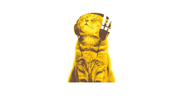 Happy cat listening to music with headphones pop art duotone graphic illustration