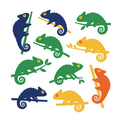 Obraz premium Stylized chameleon silhouettes in dynamic poses with flat geometric shapes and bold solid colors isolated on a white background, animal wildlife design concept