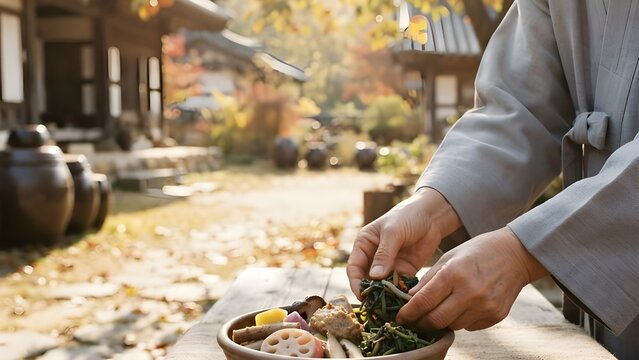 고즈넉한 한옥 마당에서 정성스럽게 식재료를 손질하는 전통적인 손길의 풍경
Traditional scene of hands carefully preparing ingredients in a tranquil hanok courtyard