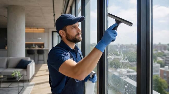 Professional cleaner washing apartment windows