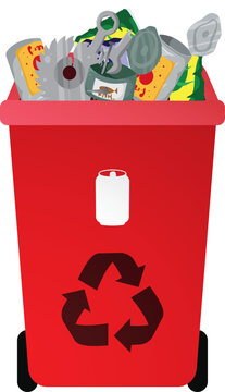 Red Recycling Container with Assorted Recyclable Household Items