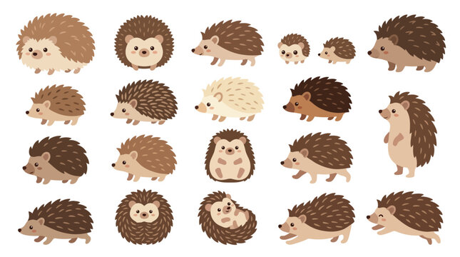 Set of cute cartoon hedgehogs in various poses and styles for design.
