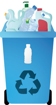 Blue Recycling Bin Filled with Plastic Bottles and Beverage Containers