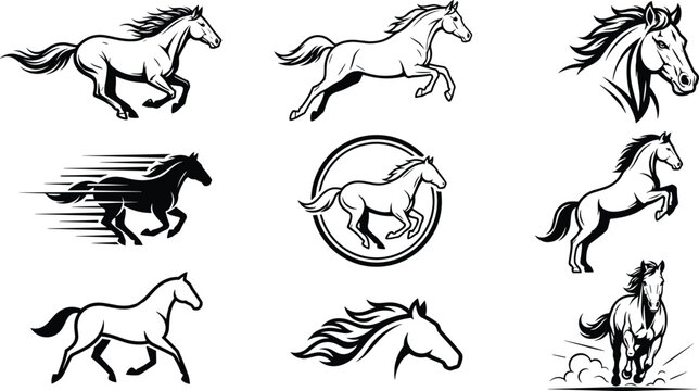 Running horse silhouette vector icon set with galloping stallions jumping steeds and wild mustang emblem logos for equestrian ranch branding