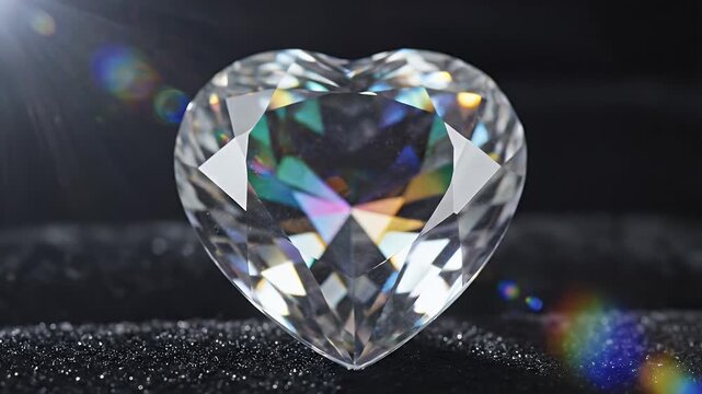 A Heart-Shaped, Brilliantly Cut Transparent Diamond Resting on a Dark Surface with Rainbow Prism Reflections