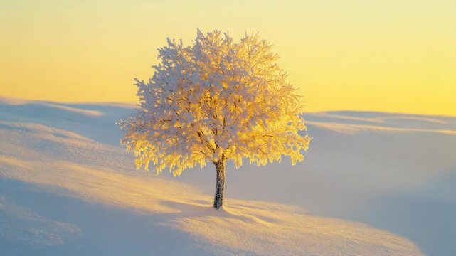 Solitary Frosty Tree in a Snowy Landscape at Golden Sunset
