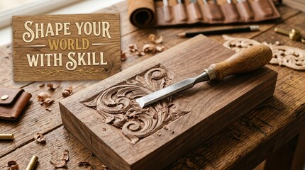 Obraz premium Woodworking craftsmanship with chisel carving intricate patterns and motivational quote 