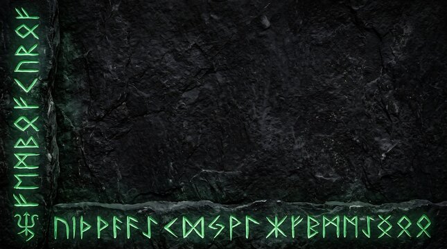 Rugged Black Stone Texture with Glowing Green Magic Runes