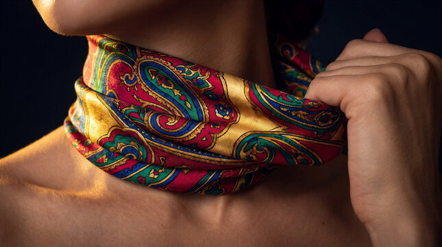 Stylish silk scarf with paisley pattern worn around the neck  