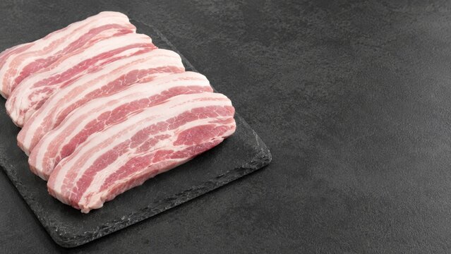 Raw pork belly slices on black slate board on dark stone table. Korean cuisine ingredient for samgyeopsal barbecue and asian dishes cooking. Fresh meat product with copy space.