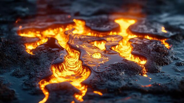Molten Lava Flowing Through Dark Volcanic Rock