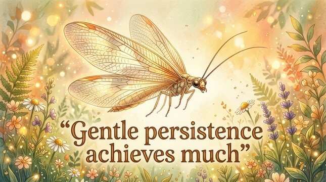 Watercolor illustration of a delicate lacewing insect on a vibrant floral background with bokeh lights and the quote 'Gentle persistence achieves much