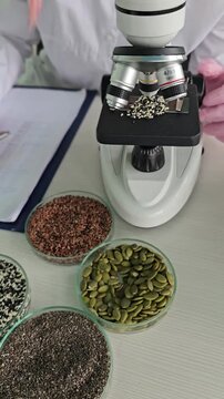 Research on various seeds in a lab setting with a microscope and data analysis concept