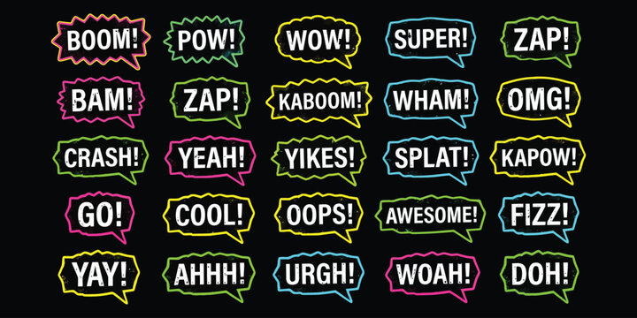 Comic book sound effect speech bubbles set with colorful neon lettering for superhero cartoon graphic design projects