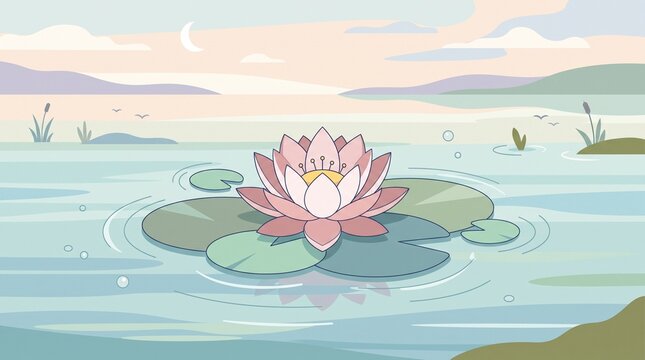 Lotus flower blooming on calm water pond vector illustration