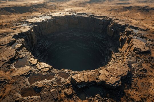 Vast deep hole in arid land. Rocky layers form steep pit walls. Small water pools gather on cracked earth surrounding the immense crater. Dry landscape stretches to horizon.