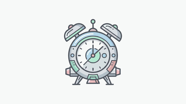 Retro-futuristic alarm clock vector illustration featuring a sci-fi space theme with rocket-like side fins, tripod legs, and analog face design in pastel blue and green colors.