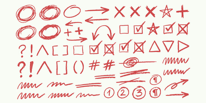 Hand drawn red pencil correction marks highlighting arrows checkmarks circles and scribble elements for document proofreading design projects