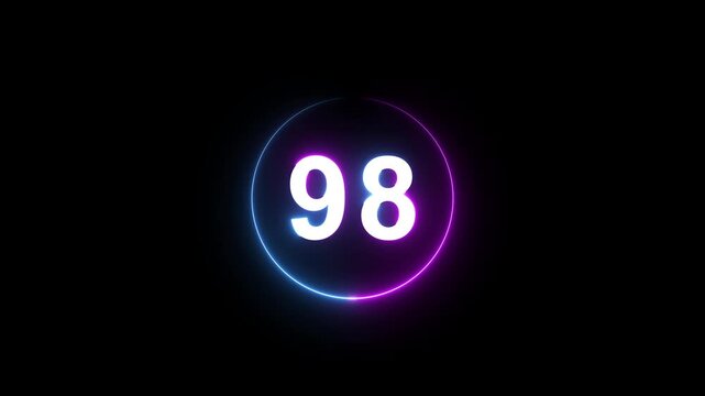 A dynamic circular animation, and glowing count neon number 98 animation . on a black background. and creating a stunning 4k video.