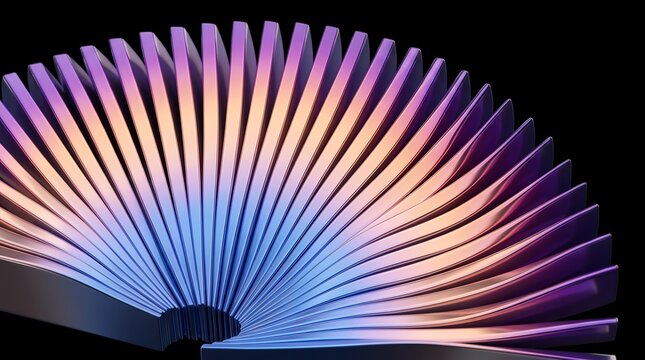 Abstract metallic slinky structure with colorful iridescent gradient blades fanning out against black background.
