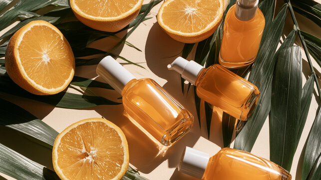 Bright orange cosmetic bottles surrounded by sliced oranges and tropical leaves on a sunny background ,cosmetic for face, hand cream, losion for hair, photo style