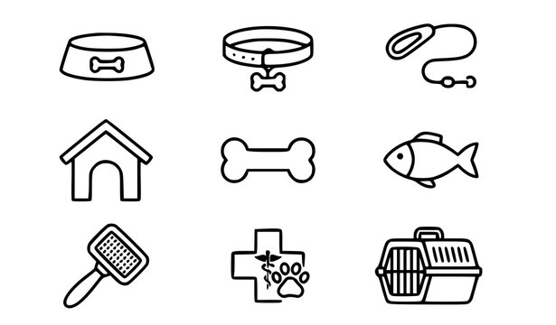 Pet care icons set featuring bowl collar leash house bone fish brush vet cross and carrier outline vector illustrations dog house icon set black and white line art veterinary accessories