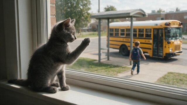 Cute Gray Kitten Watching Child Leave Home for School Bus During Morning Back to School Routine