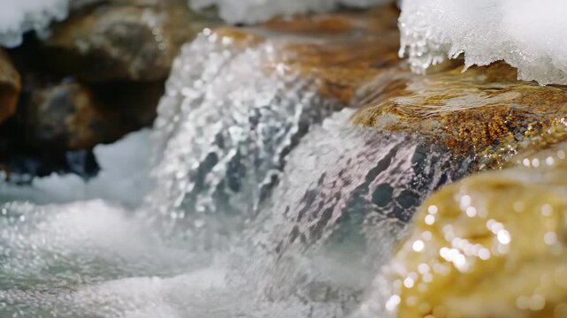 Frothy Water Flowing over Rocks in a Winter Creek