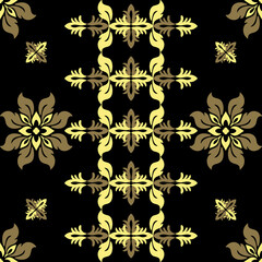 Luxury gold and bronze floral damask seamless pattern vector on black background. Elegant floral scroll ornament motif inspired by vintage royal silk, wallpaper, and upholstery from KawiKan. © KawiKan Gallery