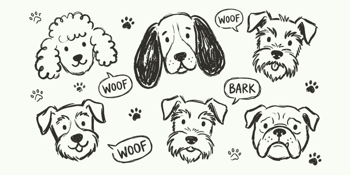 Hand drawn cute dog breed faces doodle sketch with paw prints and woof bubbles for pet branding designs