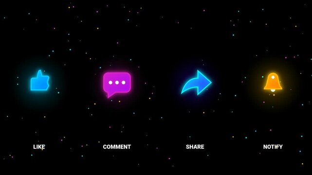 Social Media Like Comment Share and Notification Neon Icons Animation on Dark Background