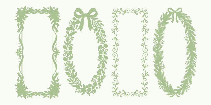 Vintage green botanical wreath frames with elegant ribbon bows for wedding invitation and holiday greeting card designs