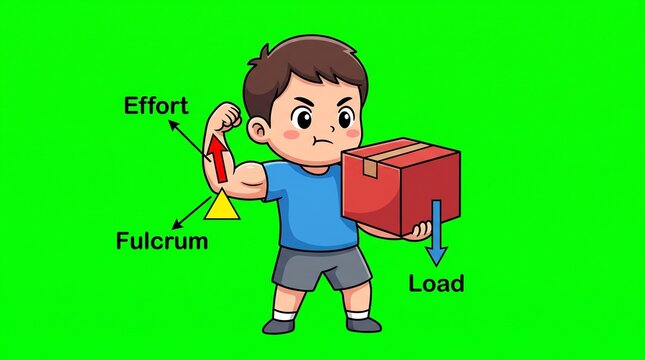 Chibi boy demonstrating physics lever principle with effort fulcrum and load diagram