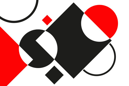 An abstract geometric composition in the style of suprematism and bauhaus, featuring a dynamic arrangement of bold red, black, and white shapes, including circles, squares, and overlapping clean lines