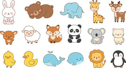 Obraz premium Adorable cartoon baby animal character collection featuring sleeping bear giraffe elephant panda koala whale and penguin stickers