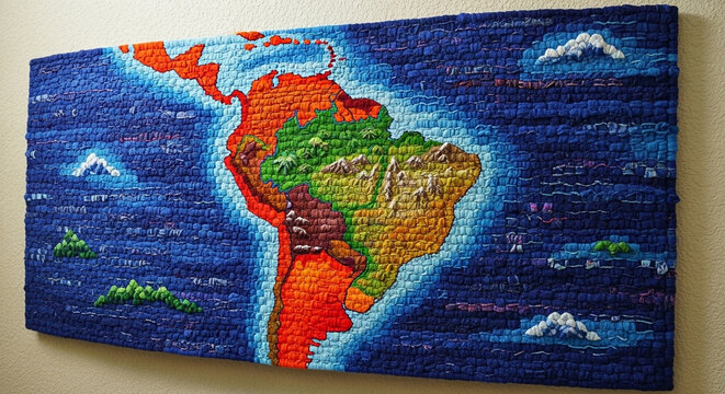 A vibrant fabric textile wall hanging displays the colorful topography of South America with rich textured stitching creating a unique handmade geographical educational piece for any room