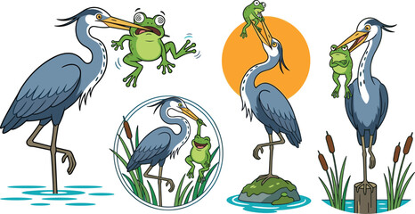 Naklejka premium Cute Cartoon Heron and Frog Wildlife Collection with Wetland Scenes, Water, Cattails, Lily Habitat, and Playful Animal Interactions